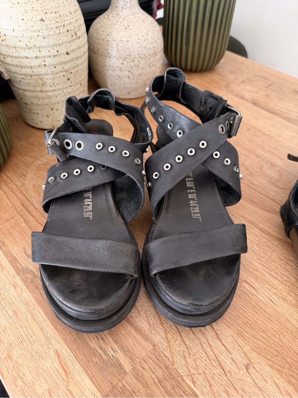 A.S.98 Black Leather Crisscross Sandals with Silver Eyelets